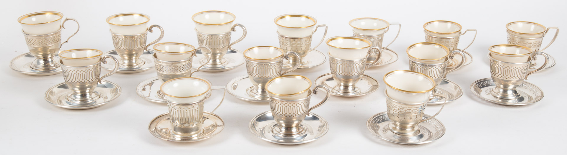 Appraisal: Assortment of sterling demitasse cups saucers comprising assorted American reticulated