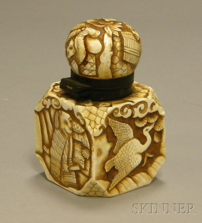 Appraisal: European Ceramic Faux Carved Ivory Japonesque Inkwell ht in