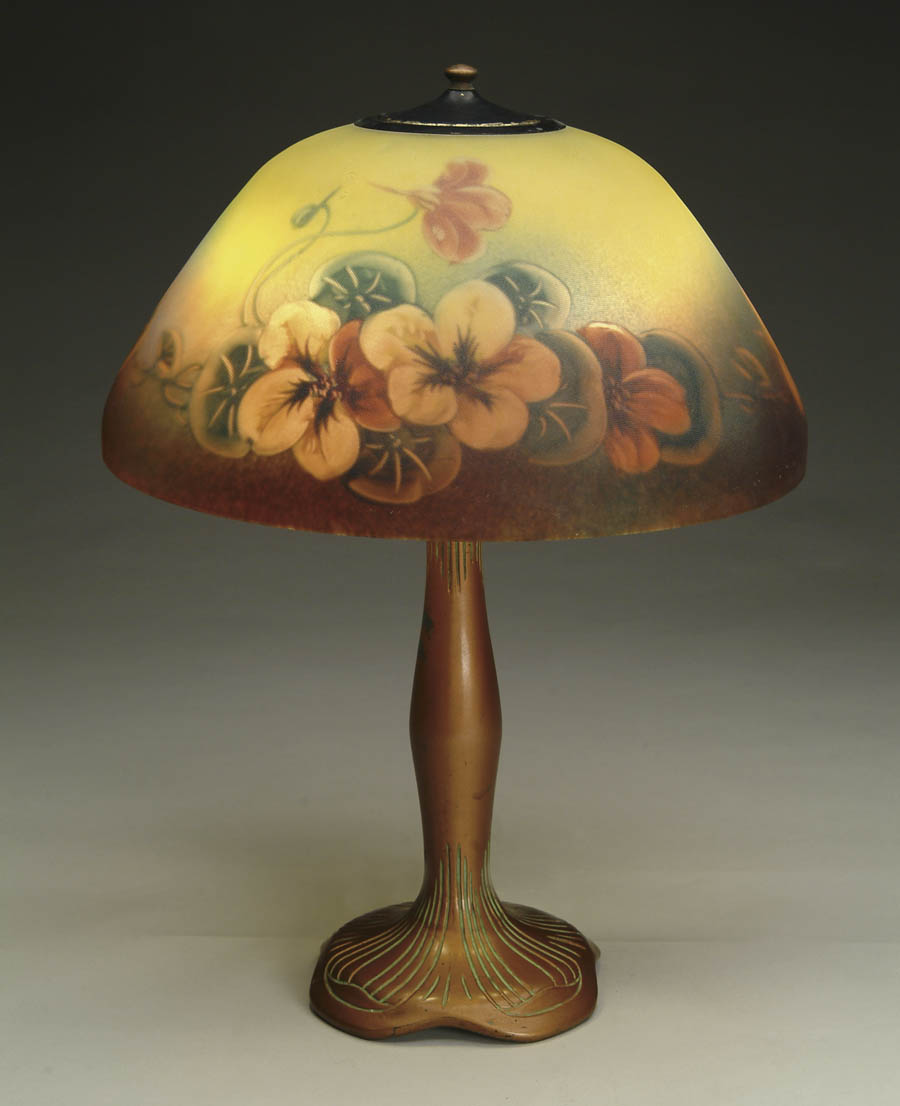 Appraisal: MOE BRIDGES NASTURTIUM LAMP Reverse painted Nasturtiums of tangerine scarlets