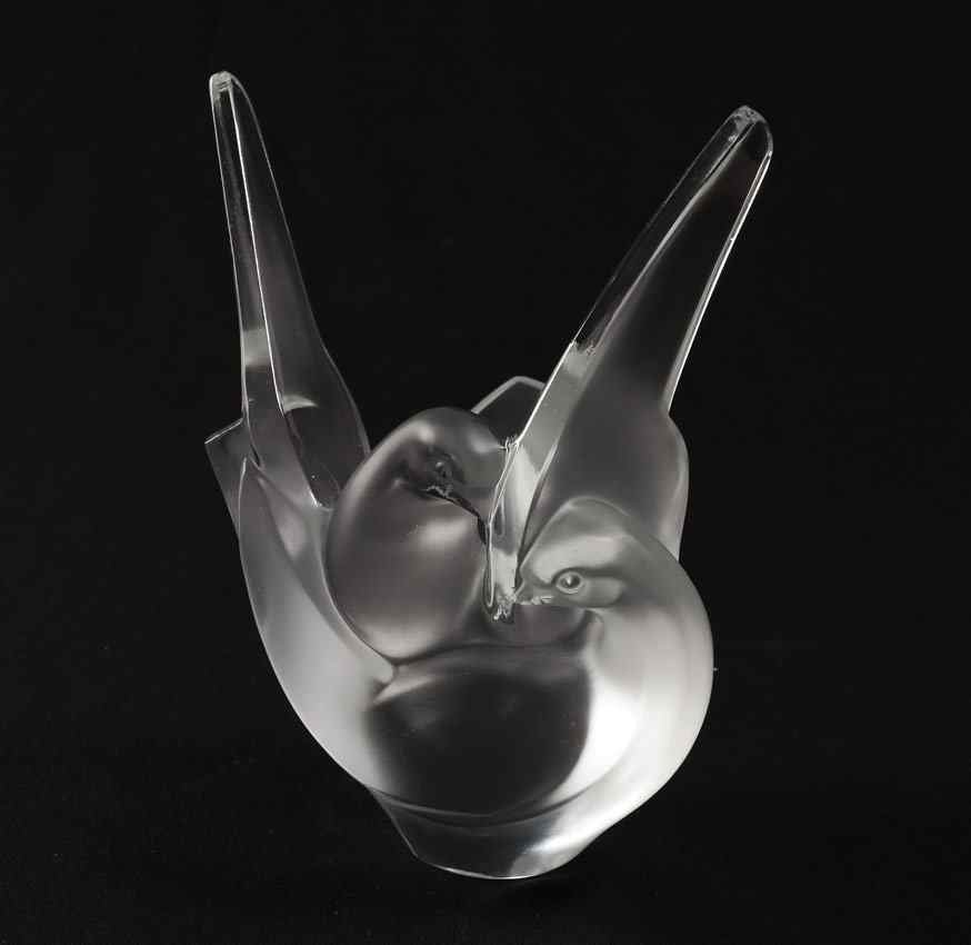 Appraisal: LALIQUE SYLVIE CRYSTAL VASE Clear and frosted crystal lovebirds signed