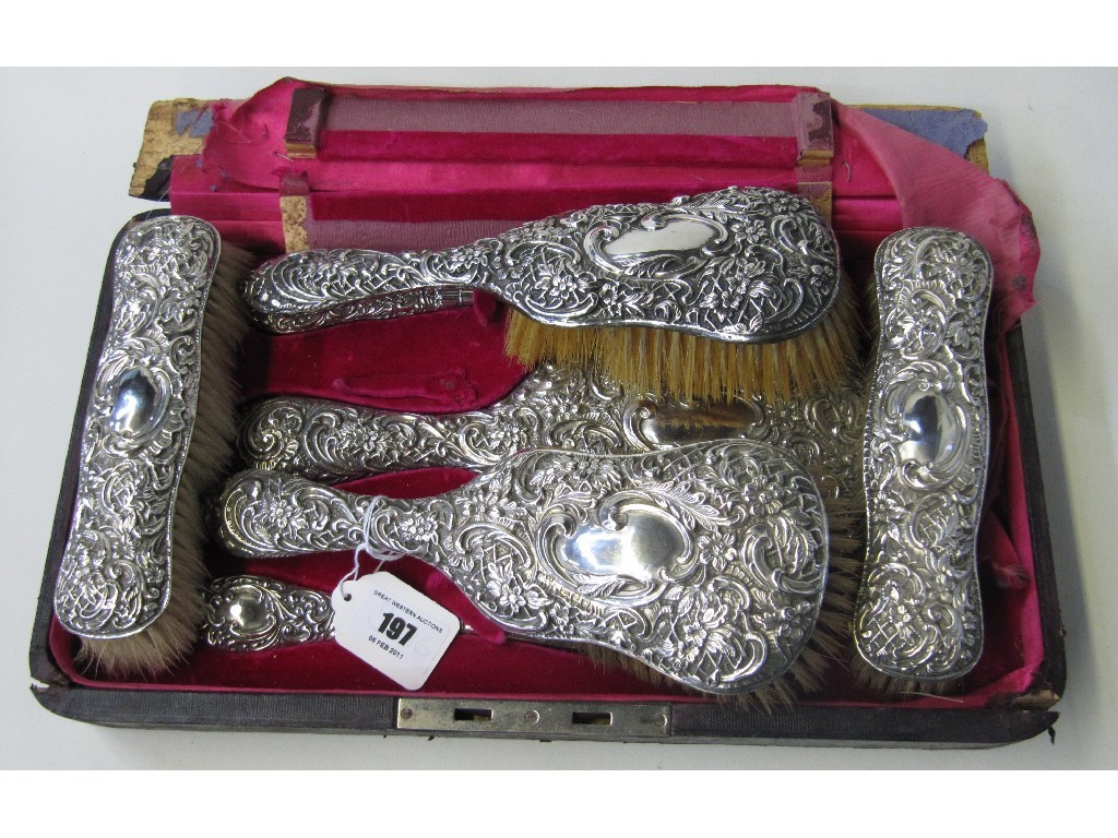 Appraisal: Seven piece silver backed dressing table set in damaged box