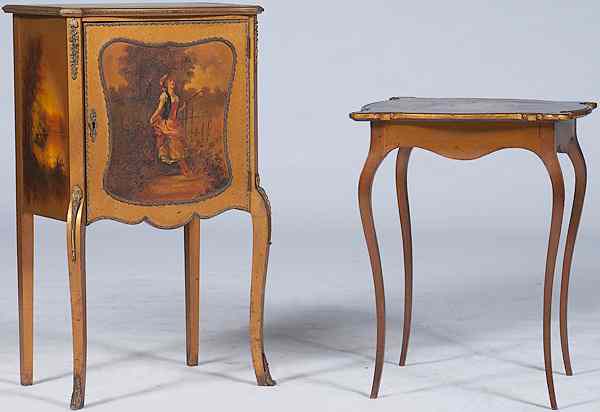 Appraisal: French Table and Side Cabinet French th century a painted