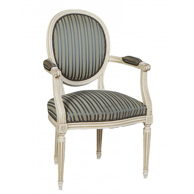 Appraisal: French Louis XVI Style Polychromed Beech Fauteuil the cushioned canted