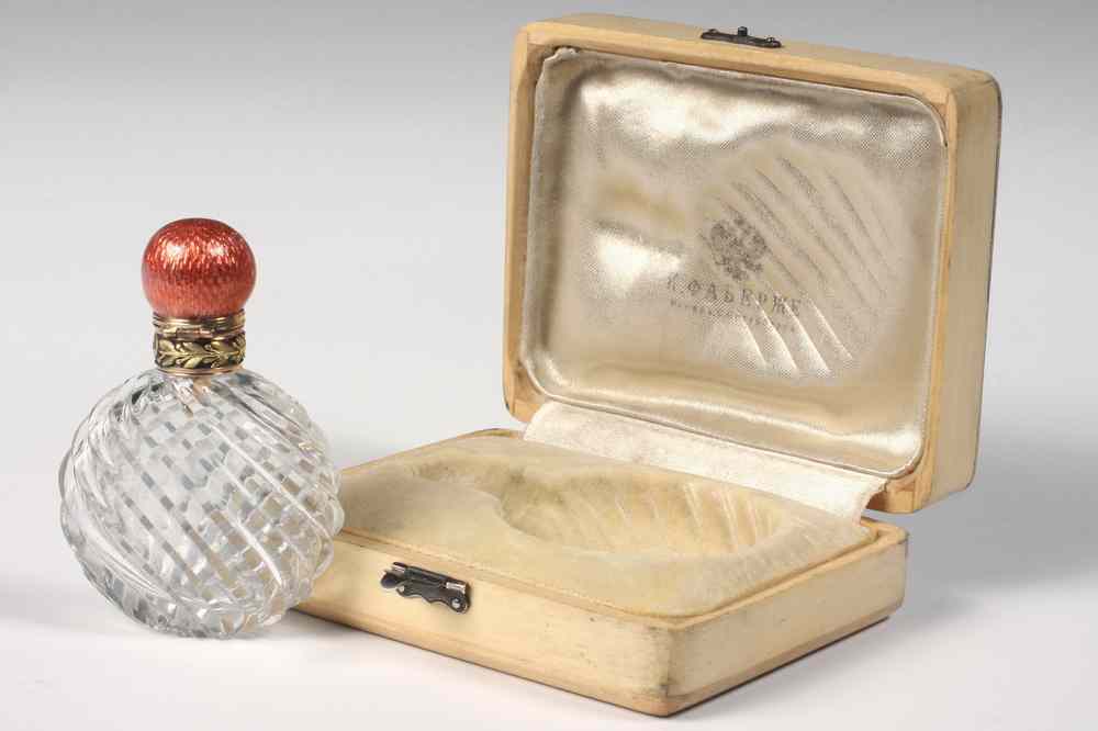 Appraisal: BOXED RUSSIAN PERFUME BOTTLE - Faberge Cut Crystal Gold Perfume