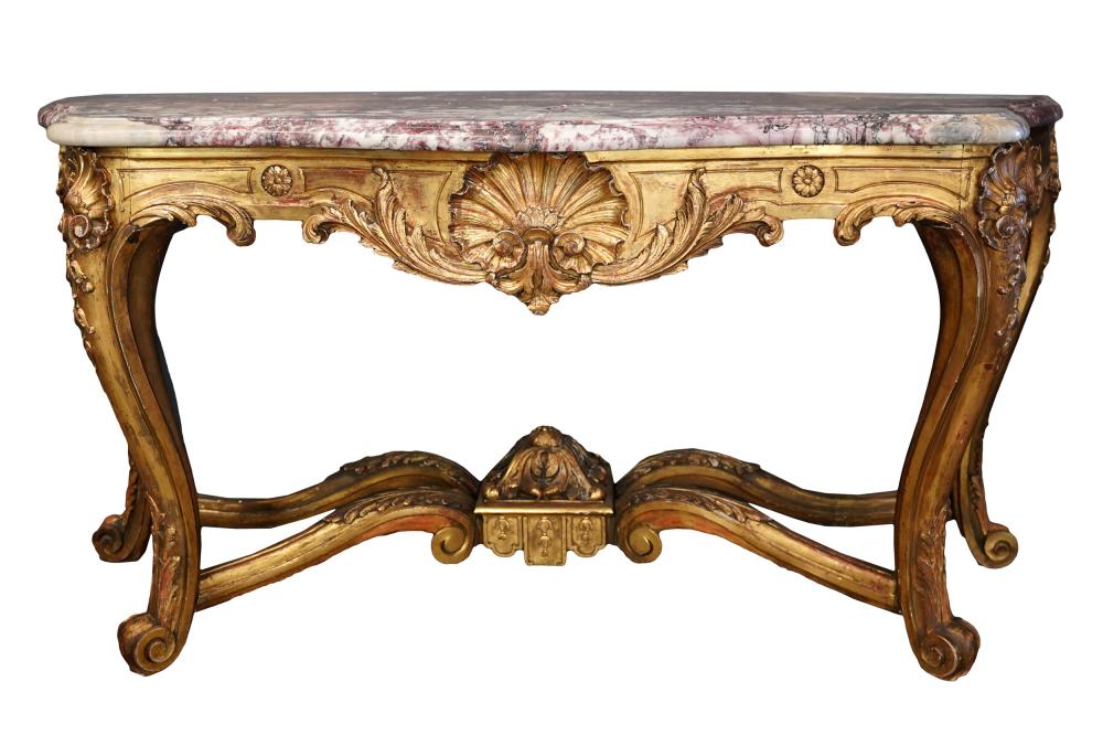 Appraisal: LOUIS XV STYLE GILTWOOD CONSOLE TABLEthe serpentine breche violette marble