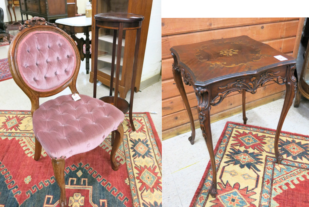 Appraisal: SIDE CHAIR PLANTSTAND AND LAMP TABLE Victorian style medallion-back chair