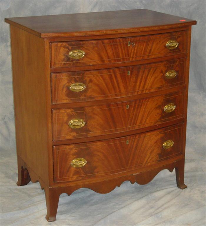 Appraisal: Inlaid mahogany Hepplewhite style drawer bowfront chest bench made probably