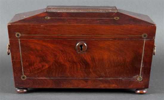 Appraisal: George IV brass inlaid mahogany tea caddy circa sarcophagus form