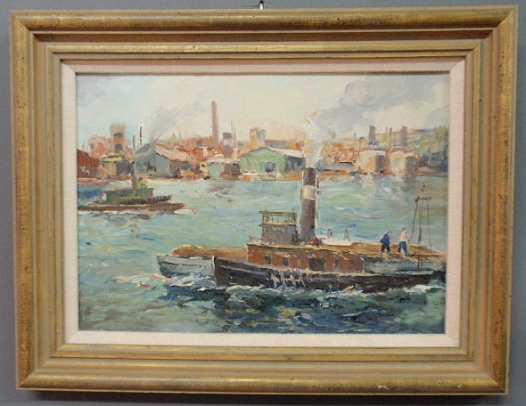 Appraisal: Oil on artist board painting of tugboats in a harbor