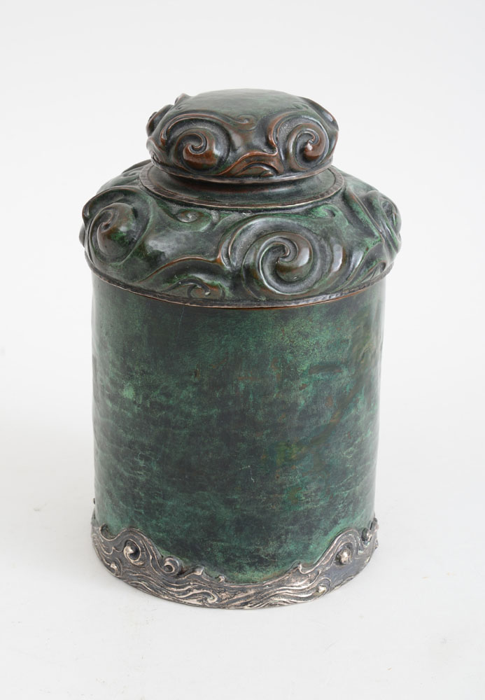 Appraisal: AMERICAN ART NOUVEAU SILVER AND COPPER TOBACCO JAR AND COVER