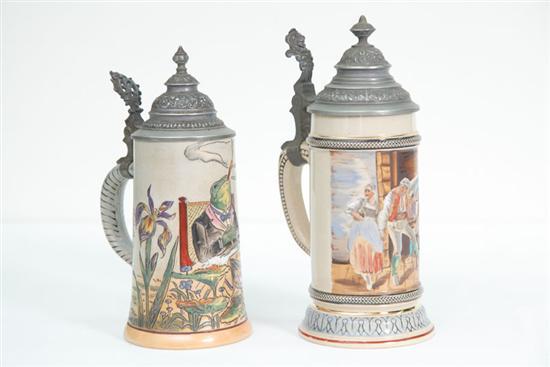 Appraisal: TWO GERMAN STEINS Both with pewter lids One having incised