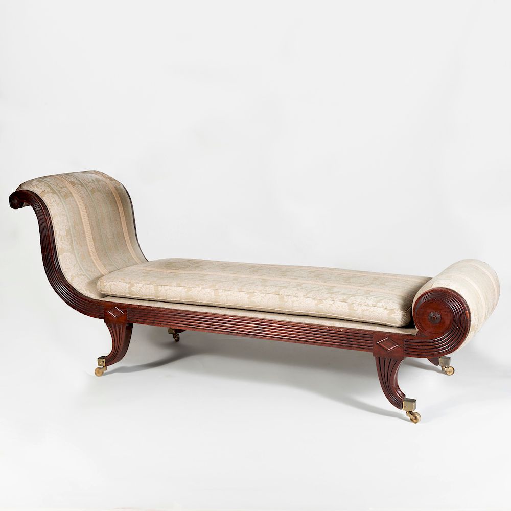 Appraisal: Regency Carved Mahogany Recamier Upholstered in damask fabric with embroidered