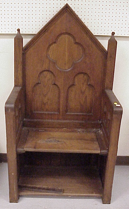 Appraisal: Gothic deacon's chair oak peaked paneled back rest repairs at