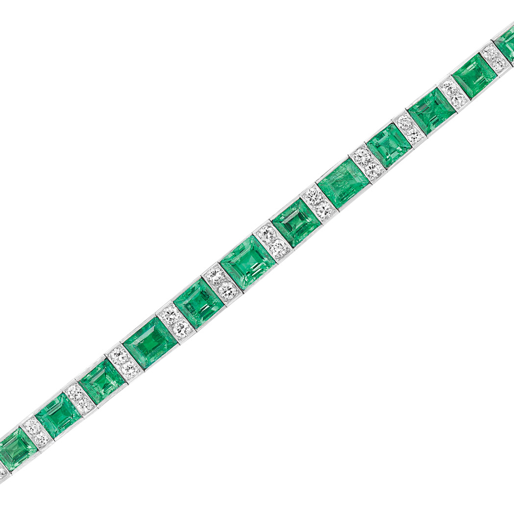 Appraisal: Art Deco Platinum Emerald and Diamond Bracelet The slightly tapered