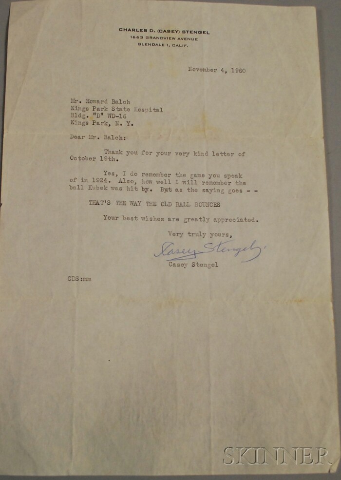 Appraisal: Casey Stengel Signed Typewritten Letter on Charles D Casey Stengel