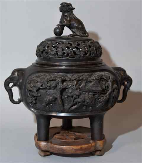 Appraisal: JAPANESE BRONZE TRIPOD CENSER Meiji period early th century impressed