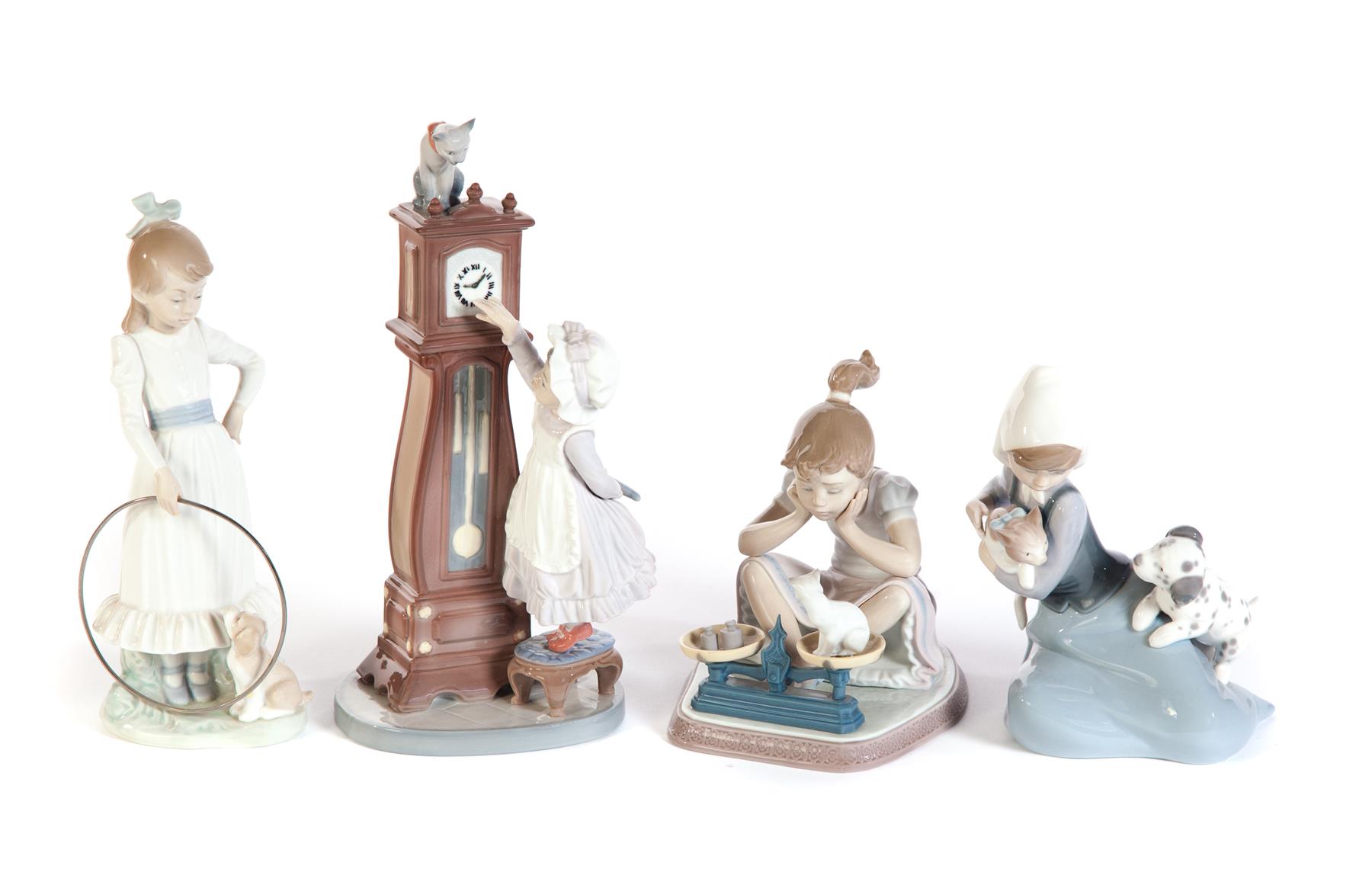 Appraisal: FOUR LLADRO FIGURES Spain th century High glaze Girl training