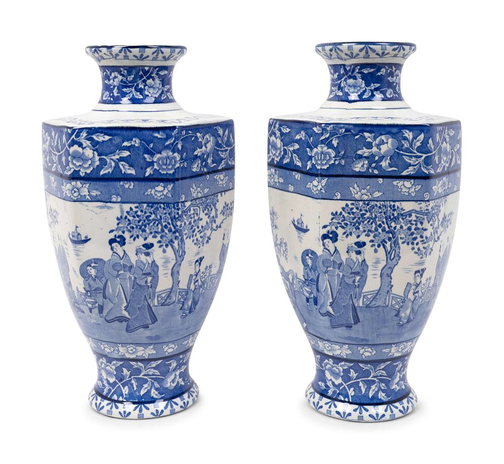 Appraisal: A Pair of English Blue and White Transfer-Printed Earthenware Hexagonal