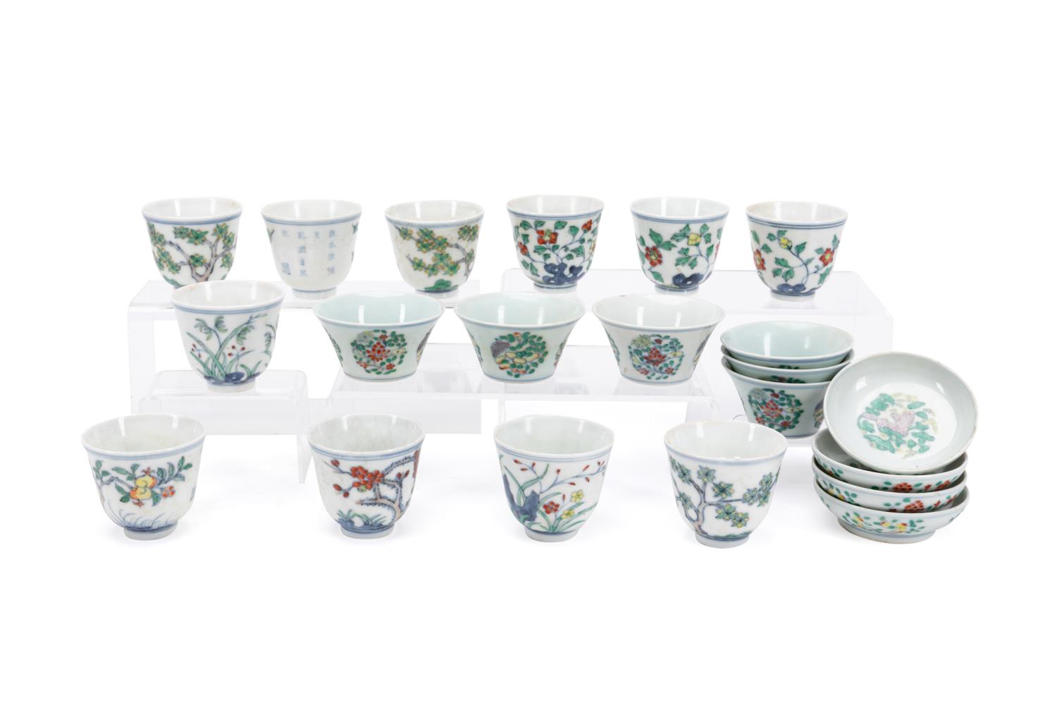 Appraisal: PCS CHINESE MING STYLE DOUCAI CUPS SAUCERS Twenty one Chinese