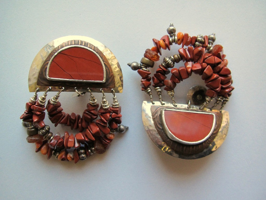 Appraisal: Pair of coral triple row chip earrings with fan shaped