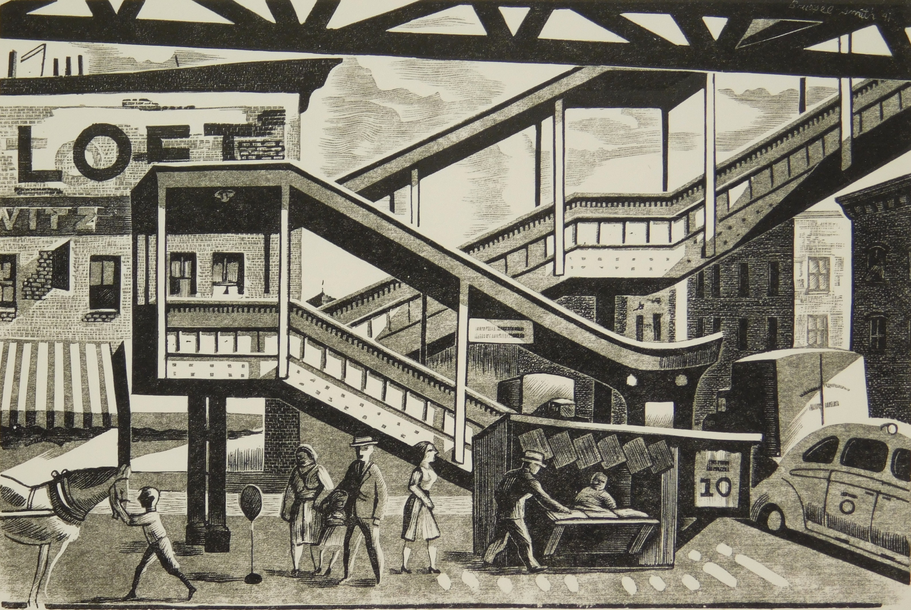 Appraisal: Bernard Brussel-Smith - Allen Street El''- wood engraving signed titled