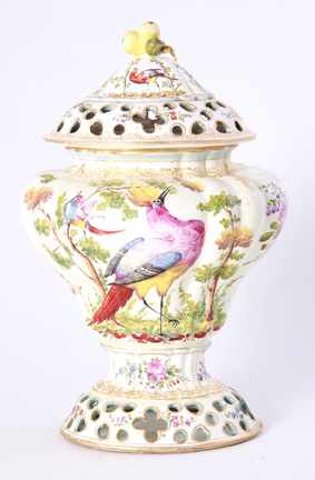 Appraisal: Chelsea style ceramic potpourri vase th century pear finial on