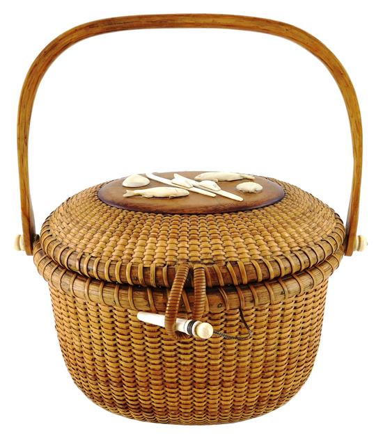 Appraisal: Vintage Nantucket basket purse with unusual ivory embellishments oak staves