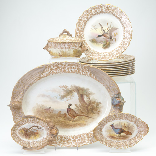 Appraisal: ROYAL WORCESTER CHINA Game set transfer-decorated and hand-colored with assorted