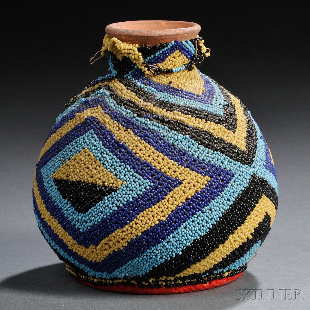 Appraisal: Mojave Beaded Pottery Jar with red trade cloth-covered bottom bead