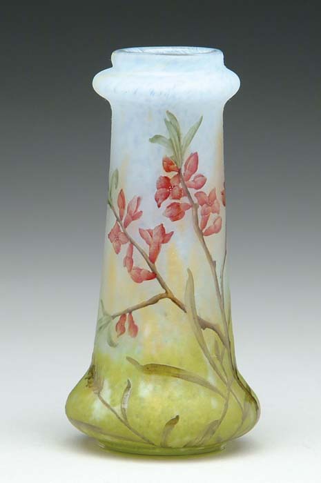 Appraisal: DAUM CAMEO ENAMEL VASE Very attractive candlestick vase is decorated