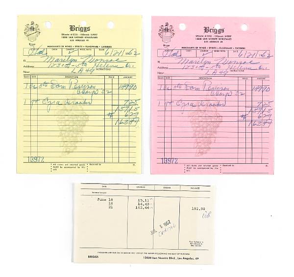 Appraisal: A Marilyn Monroe receipt for Dom Perignon champagne One yellow