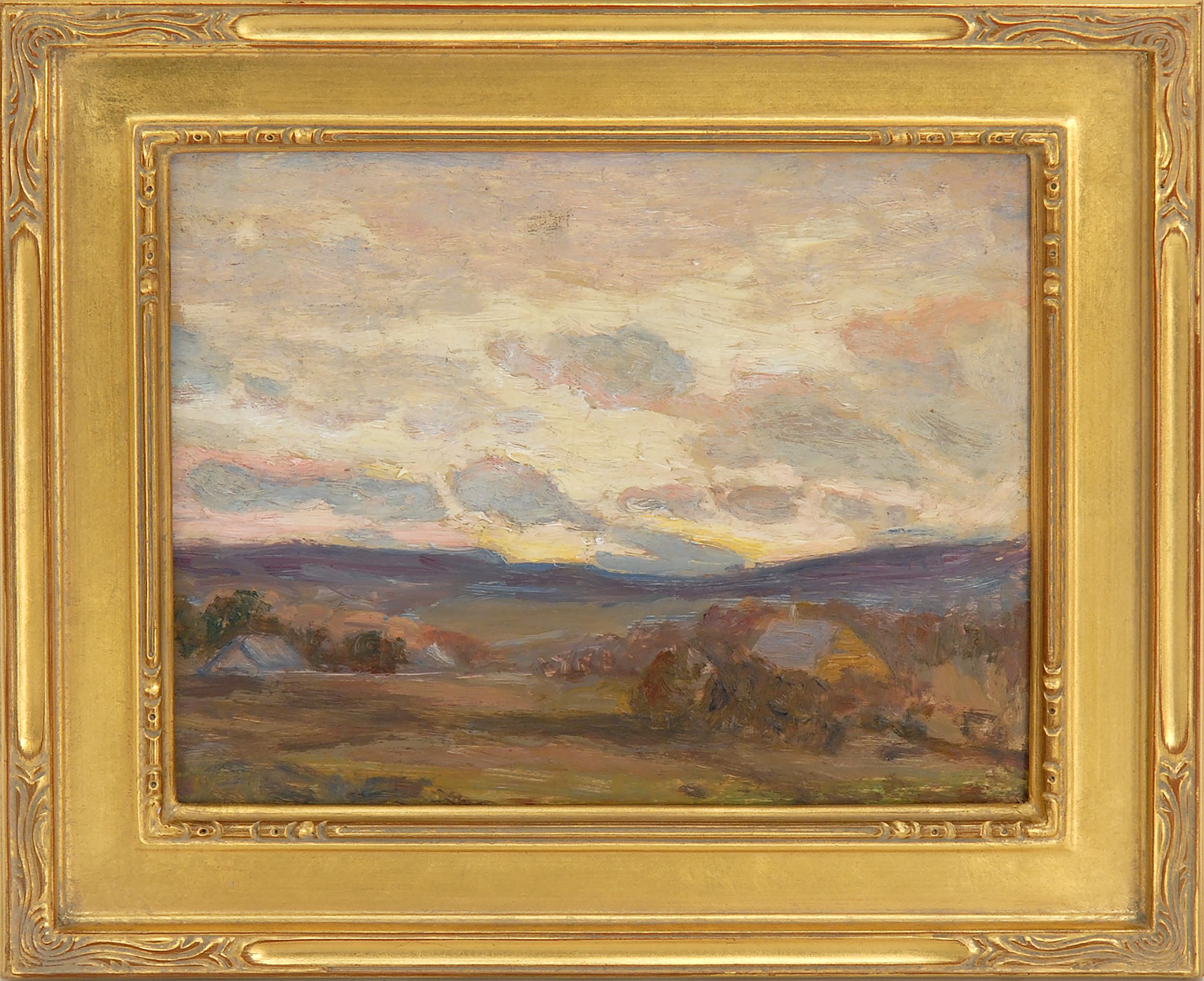 Appraisal: FRAMED PAINTING ARTIST UNKNOWN Landscape with houses in a valley