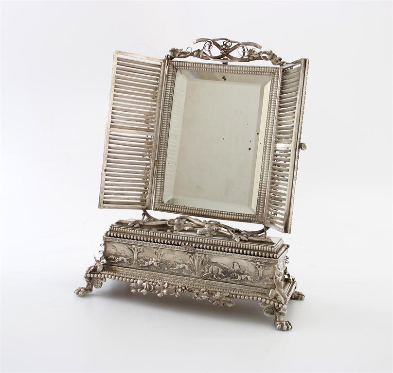 Appraisal: An electroplated dressing table mirror and casket