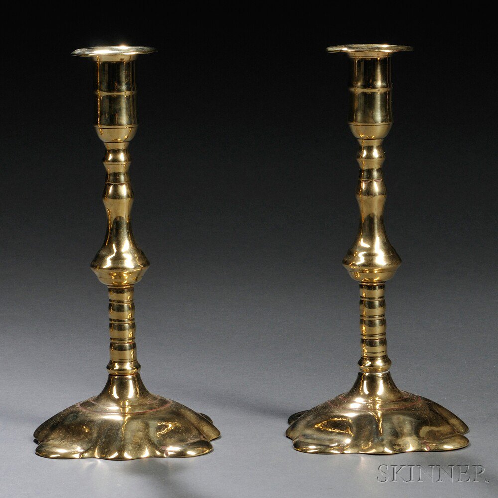 Appraisal: Pair of George II Brass Quatrefoil-base Candlesticks England c in