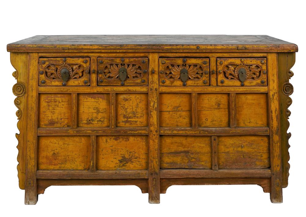 Appraisal: ASIAN CARVED PAINTED CABINEThaving four drawers over fixed paneled front