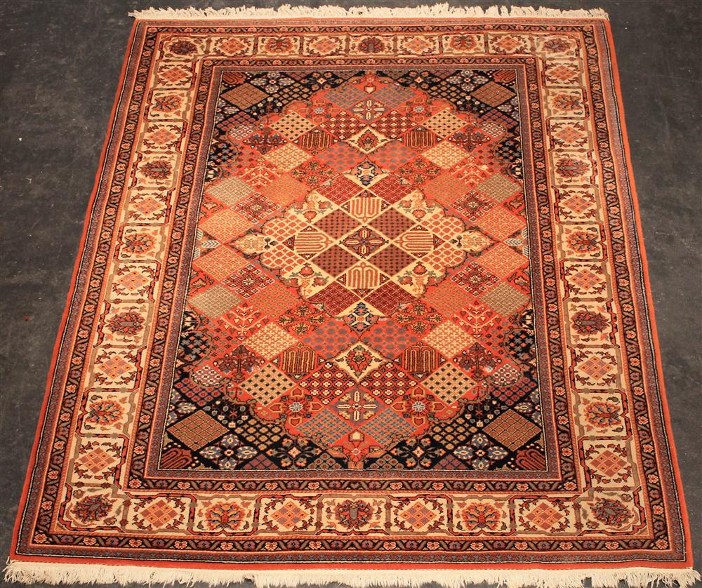 Appraisal: MULTI DESIGN ORIENTAL WOOL RUG unusual diamond patterns with corner