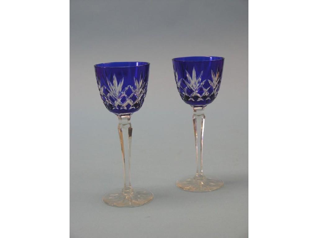 Appraisal: A set of six blue-overlaid hock glasses with cut detail