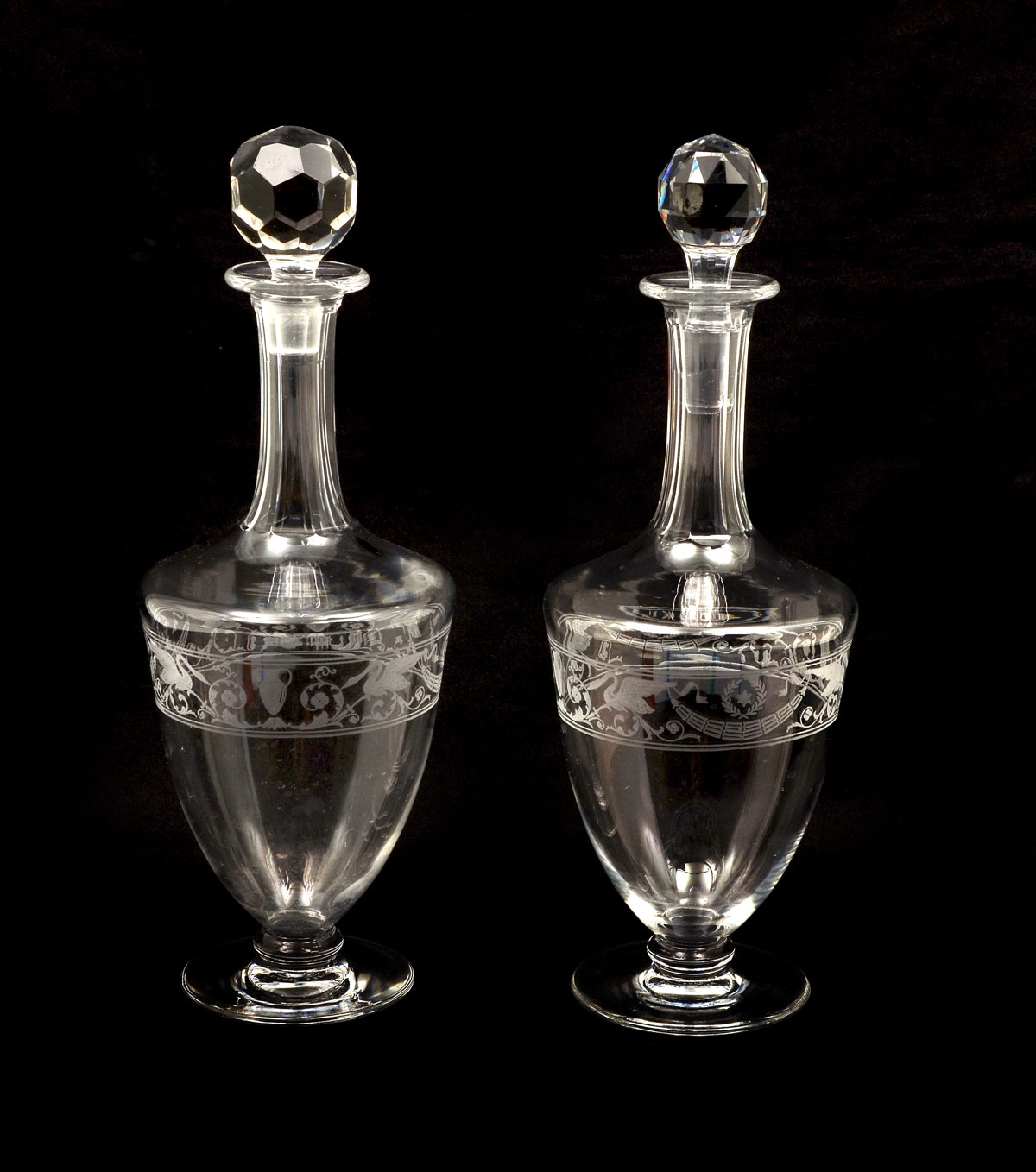 Appraisal: PAIR ENGRAVED BACCARAT DECANTERS - Waterford decanters for Croizet Cognac