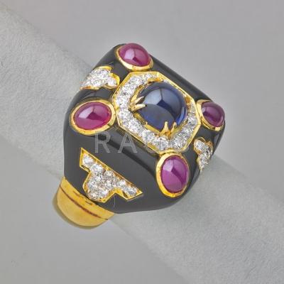 Appraisal: JEWEL INLAID ONYX AND K GOLD RING Cushion-form onyx tablet