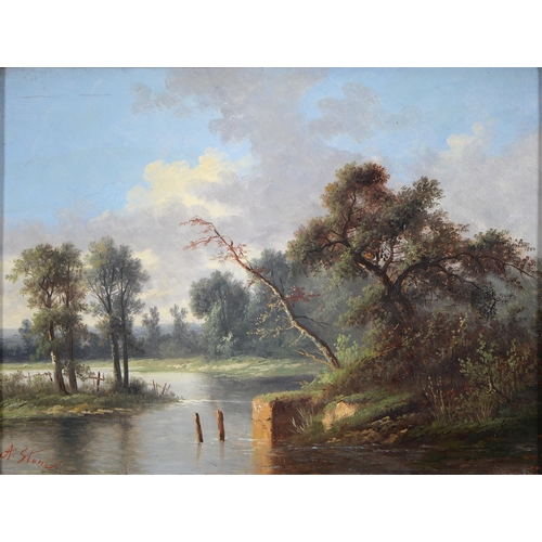 Appraisal: A Stone th c - Wooded River Landscape signed oil