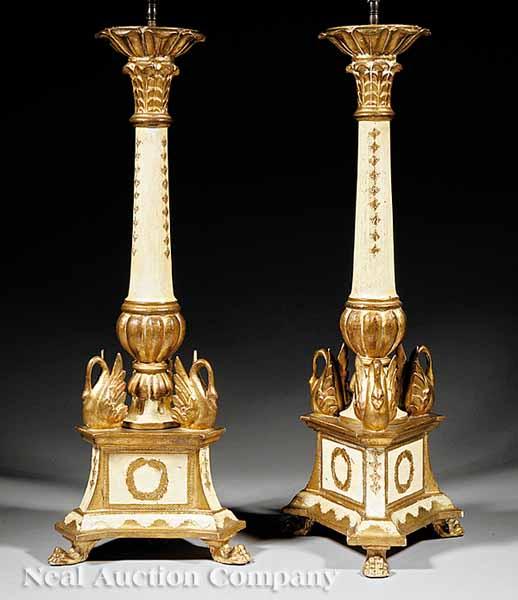 Appraisal: A Pair of Italian Directoire-Style Giltwood Prickets mounted as table