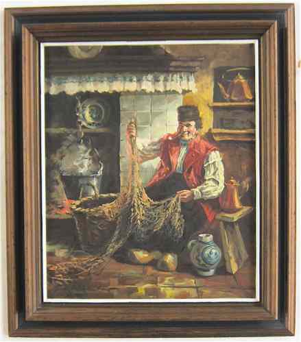 Appraisal: DUTCH OIL ON MASONITE an interior scene depicting a fisherman