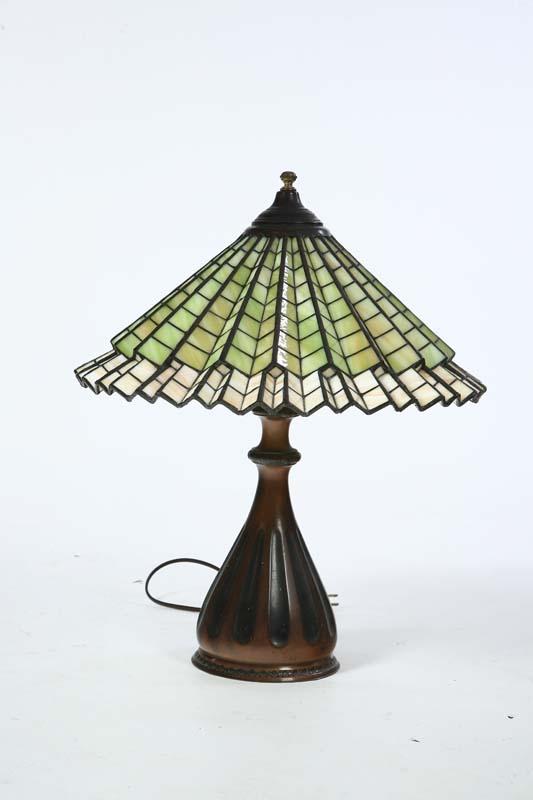 Appraisal: PAIRPOINT LAMP Fluted copper lamp with a green and cream