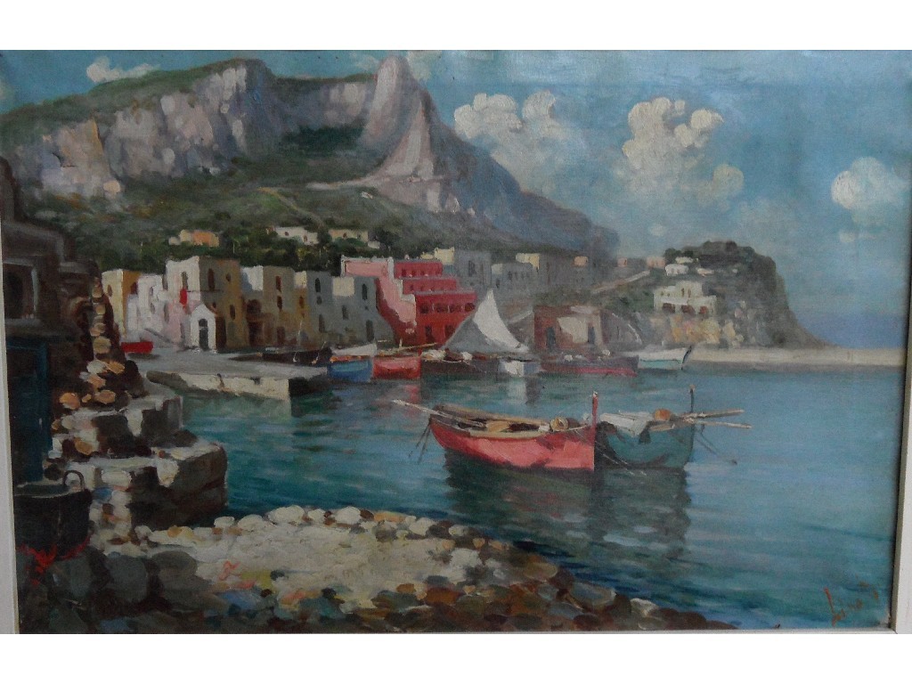 Appraisal: Oil on canvas Mediterranean coastal scene indistinctly signed