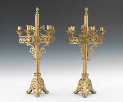 Appraisal: A Pair of Continental Brass Five Light Candelabrum In an