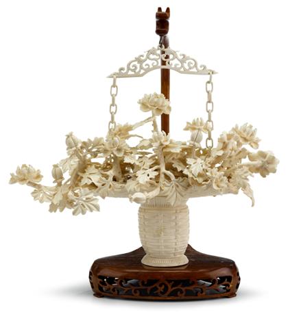 Appraisal: Chinese elephant ivory hanging flower basketIntricate openwork carving of blossoms