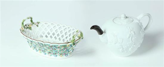 Appraisal: PORCELAIN TEAPOT AND FRUIT BASKET Both marked for Meissen Germany