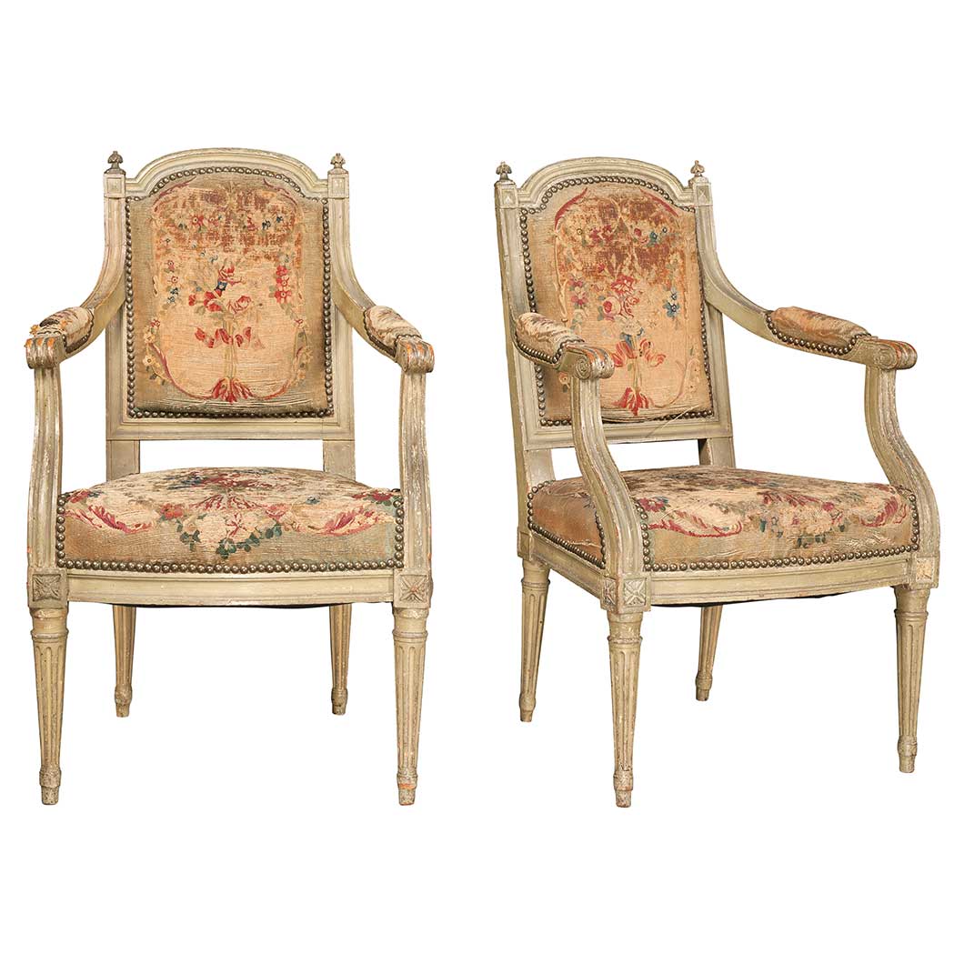 Appraisal: Pair of Louis XVI Style Carved Painted and Aubusson Upholstered