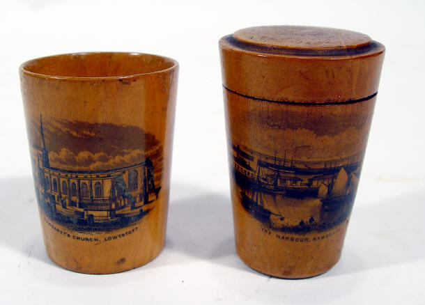 Appraisal: Two Mauchlin beakers one with lid and glass liner decorated