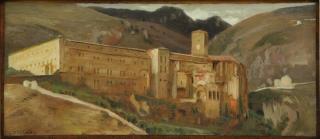 Appraisal: WHITTREDGE Worthington Oil on Board Benedictine Cloisters Signed lower left